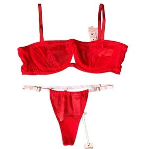 NWT We Are HAH Free People Wired Bra Sheer Red 30-38B and Sheer Red G string O/S
